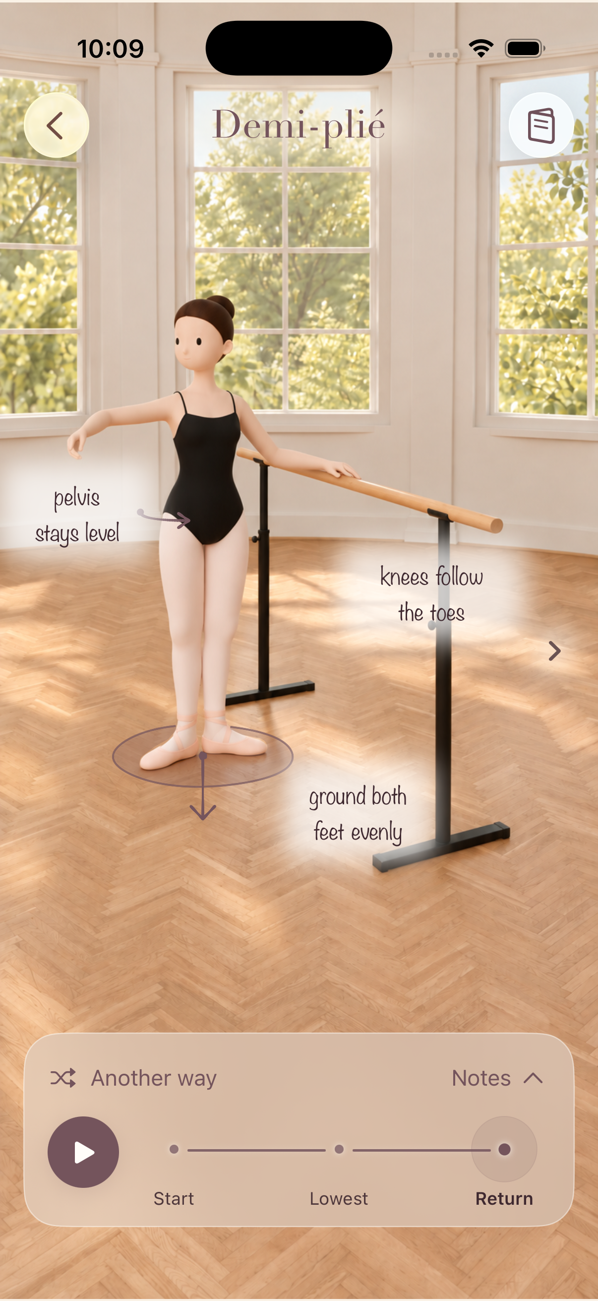 Petit Studio Demi-plié lesson with a dancer at the barre, teaching annotations and playback controls.